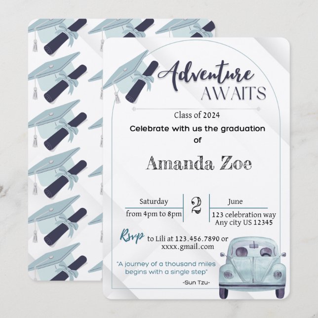 Äventyr väntar examensinbjudan/annons inbjudningar (Fram/baksida)