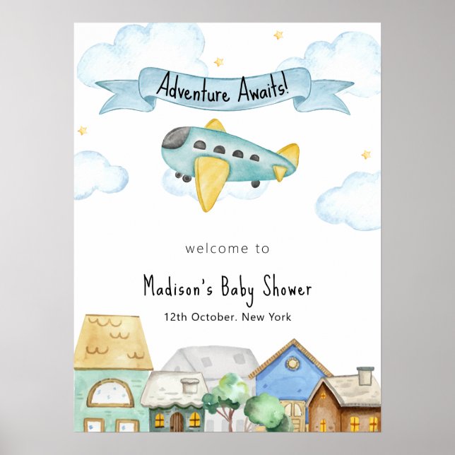Äventyr Väntar Flygar Stad Baby Shower Välkommen Poster (Framsidan)