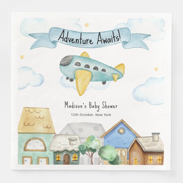 Äventyr väntar flygare flygplan baby shower  pappersservett (Framsida)
