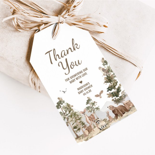 Äventyr väntar på att trädjur ska ge märkningar presentetikett (Woodland Animals Adventure Awaits Baby Shower Favor Tags
)