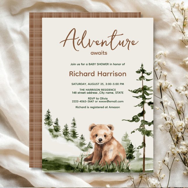 Äventyr väntar på babydusch för den söta skogsvakt inbjudningar (Adventure awaits cute watercolor bear, green forest, woodland theme baby shower invitation )