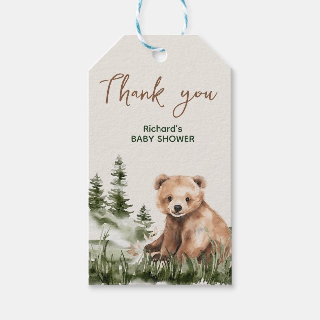 Äventyr väntar på babydusch för den söta skogsvakt presentetikett (Framsidan)