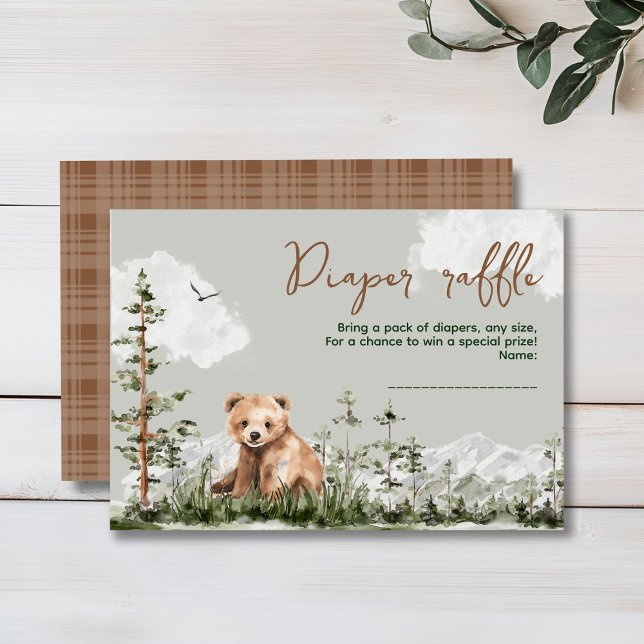 Äventyr väntar på babydusch för den söta skogsvakt tilläggskort (Cute watercolor forest bear baby shower, woodland theme, sage green, earthy colors, neutral )