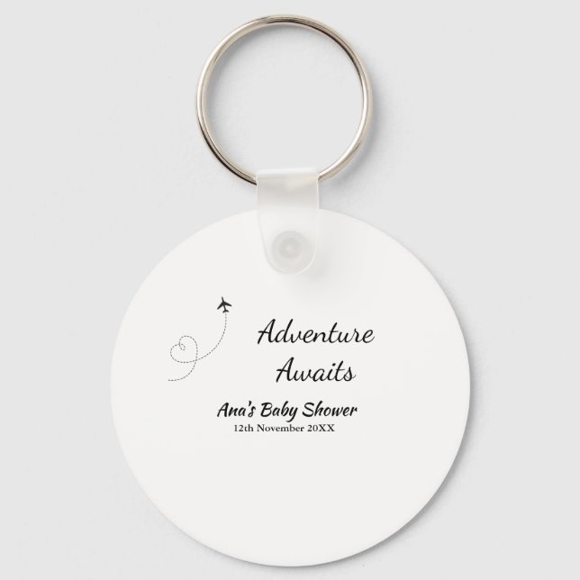 Äventyr väntar på babydusch, lägg till namn datum  nyckelring (Framsida)