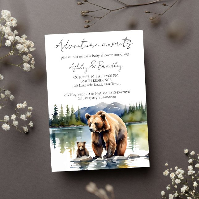 Äventyr väntar på björn unge med babydusch i mamma inbjudningar (Adventure awaits national park themed baby shower template invitation instant download bear cub)