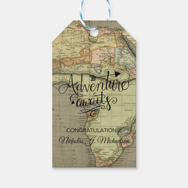 Äventyr väntar på den gamla världskartan presentetikett (Framsidan)
