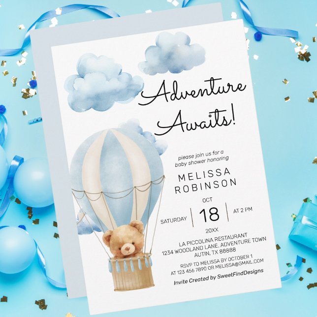 Äventyr väntar på duschen i nalle pojke inbjudningar (Adventure awaits teddy bear baby boy shower invitation)