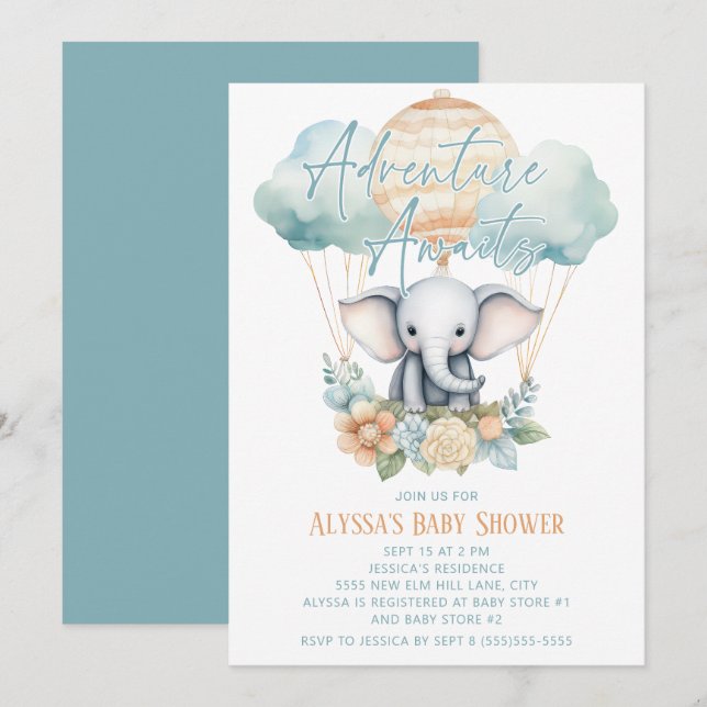 Äventyr väntar på Elephant Luftballong Blue Boy Inbjudningar (Fram/baksida)