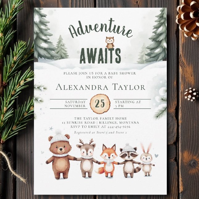 Äventyr väntar på en babystölder för kute på träde inbjudningar (winter baby shower invitation adventure awaits woodland animals cute watercolor forest snow cold)