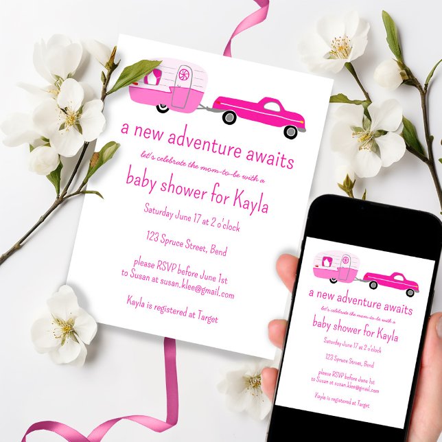 Äventyr väntar på Lastbil och släpvagn BABY SHOWER Inbjudningar (Adventure Awaits Cute Pink Truck & Trailer Tree-Free BABY SHOWER Invitation email or print custom
)