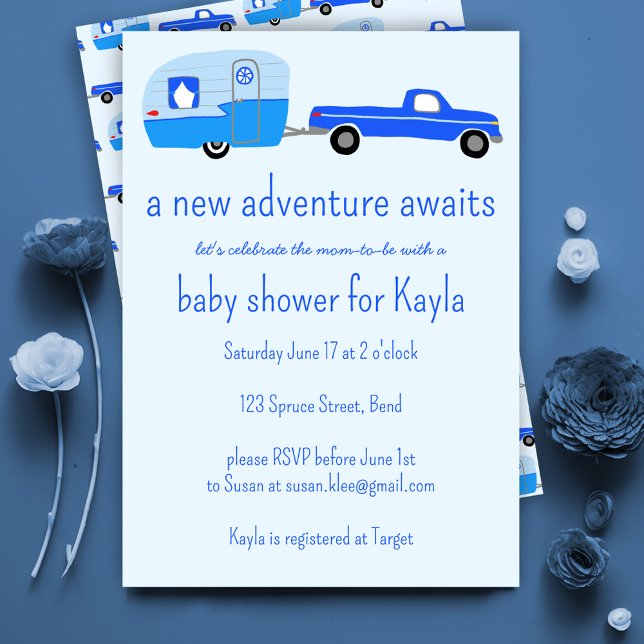 Äventyr väntar på Lastbil och släpvagn BABY SHOWER Inbjudningar (Adventure Awaits Cute Truck & Trailer BABY SHOWER Invitation Baby Boy Blue)