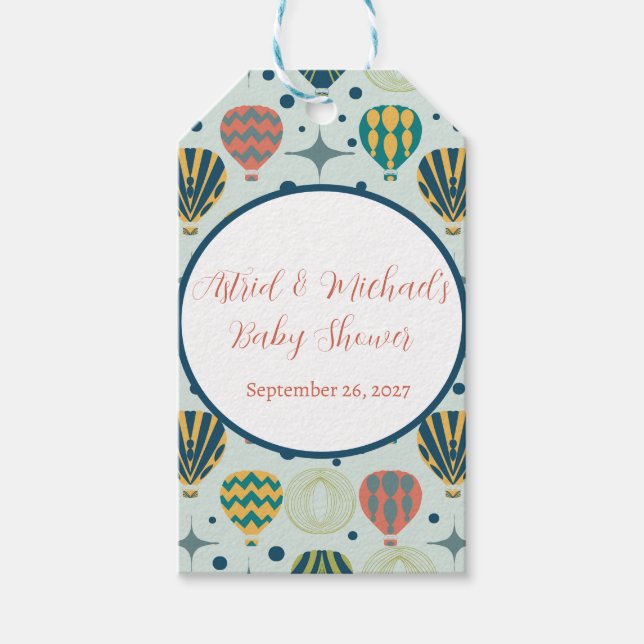 Äventyr väntar på Luftballong Sage Baby Shower Presentetikett (Framsidan)