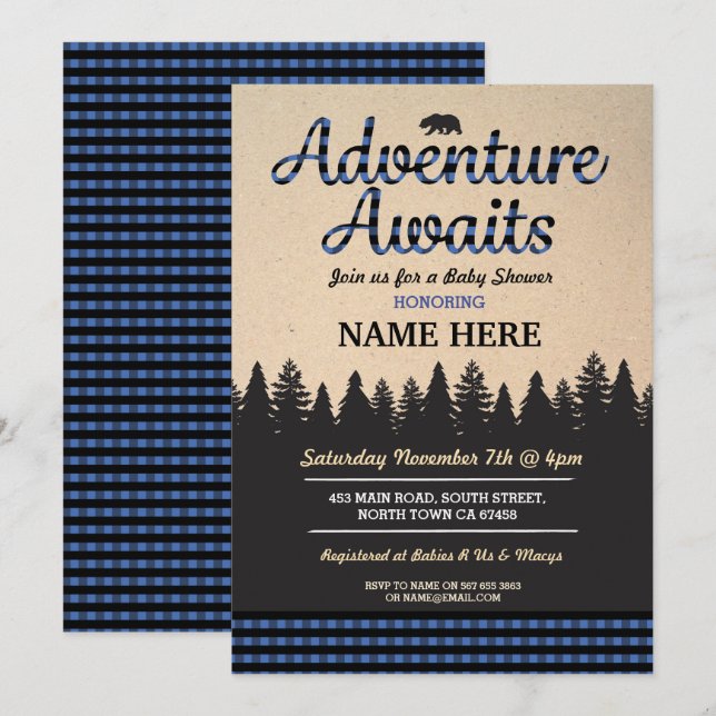 Äventyr väntar på Lumberjackbaby showerinbjudan Inbjudningar (Fram/baksida)
