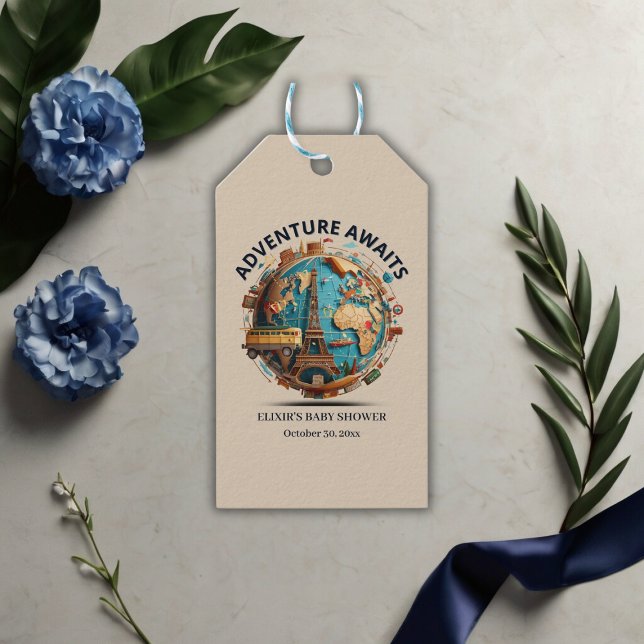 Äventyr väntar på modern globe babydusch presentetikett (Skapare uppladdad)