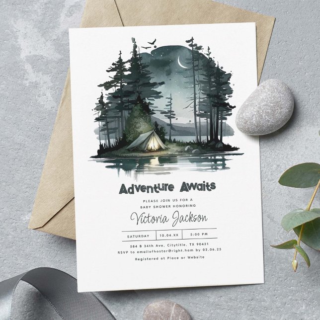 Äventyr väntar på nattliga Himlar-babyskor för nat Inbjudningar (Adventure Awaits! Night Camping Scene Beautiful Baby Shower Invitations)