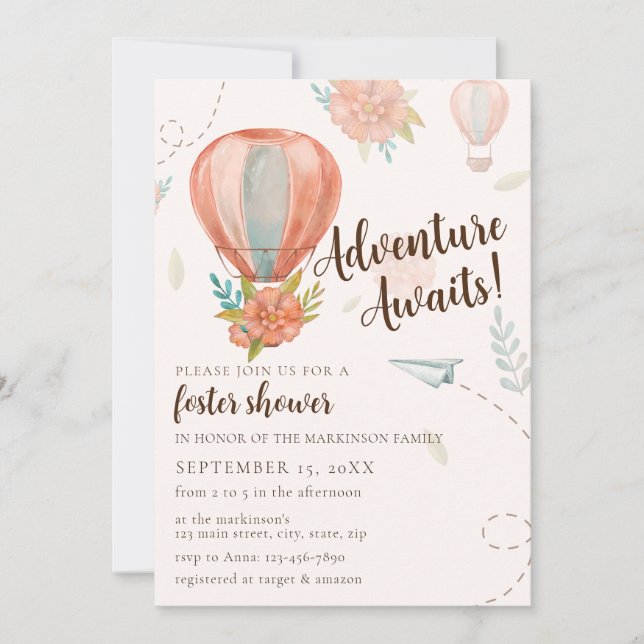 Äventyr väntar på Neutralten Foster Baby Shower Inbjudningar (Framsida)