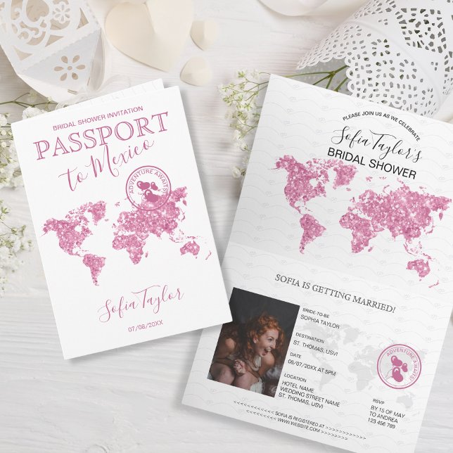 Äventyr väntar på passet Karta Travel Möhippa Inbjudan (pink glitter world map passport bridal shower)