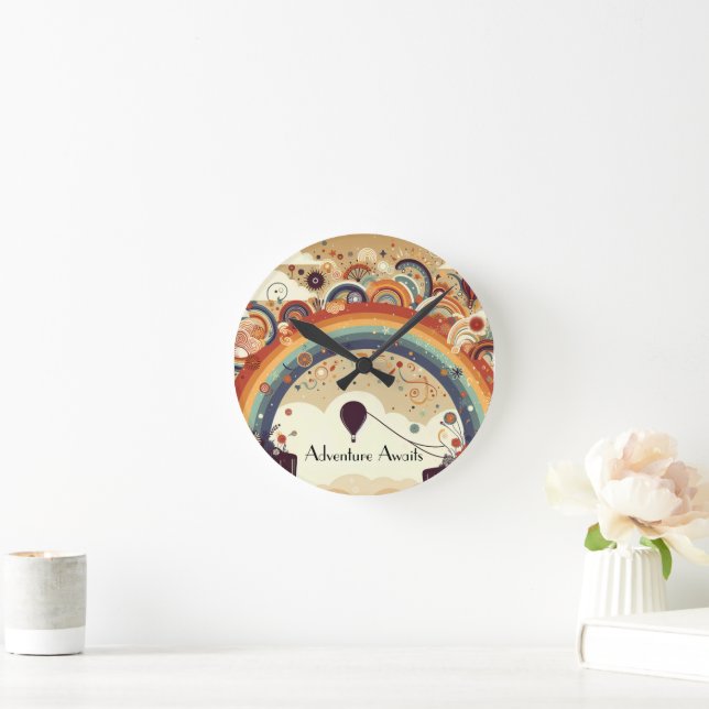 Äventyr väntar på regnbåge och Luftballonger Rund Klocka (Hem)