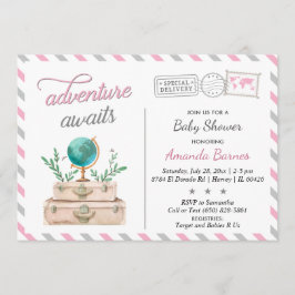 Äventyr väntar på resande Flicka Shower Rosa Grått Inbjudningar