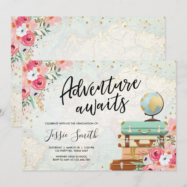 Äventyr väntar på reser studentfesten skolar inbjudningar (Fram/baksida)