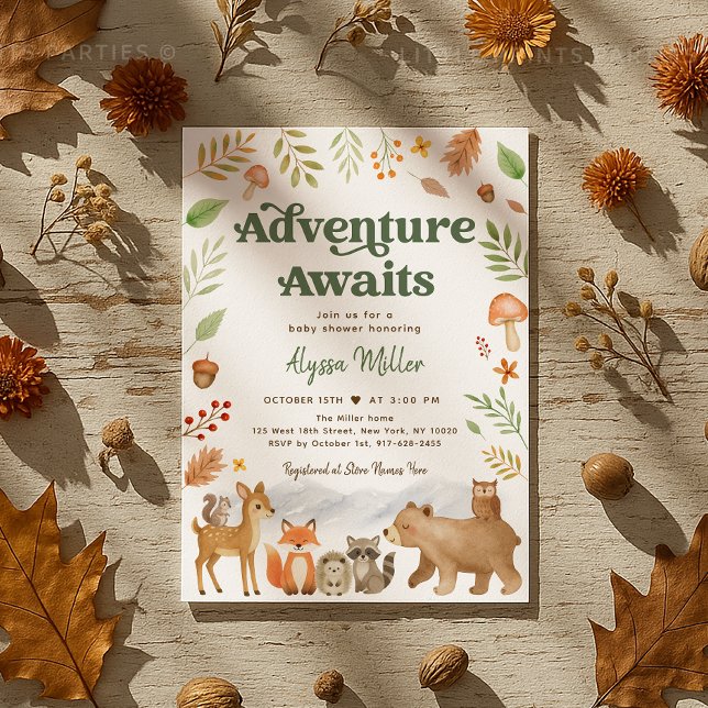 Äventyr väntar på träddjur, babyskor inbjudningar (Sweet woodland animal baby shower invitation in cozy autumn colors 🍁🦔🦊)