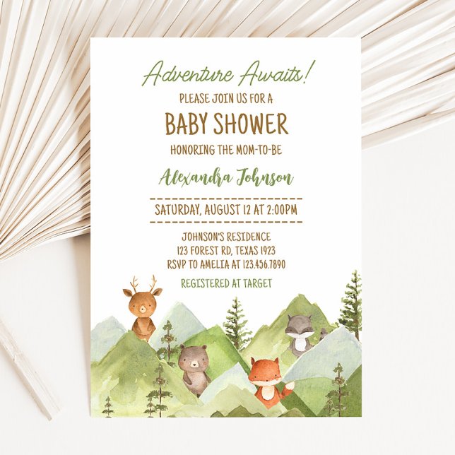 Äventyr väntar på träddjur, babyskor inbjudningar (Woodland Animals Baby Shower Invitation)
