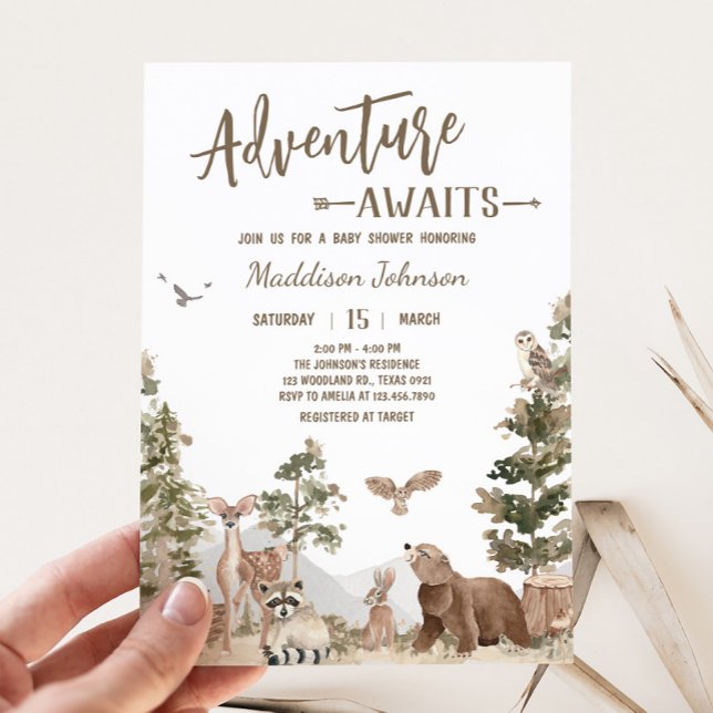 Äventyr väntar på träddjur, babyskor inbjudningar (Woodland Animals Adventure Awaits Baby Shower Invitation)