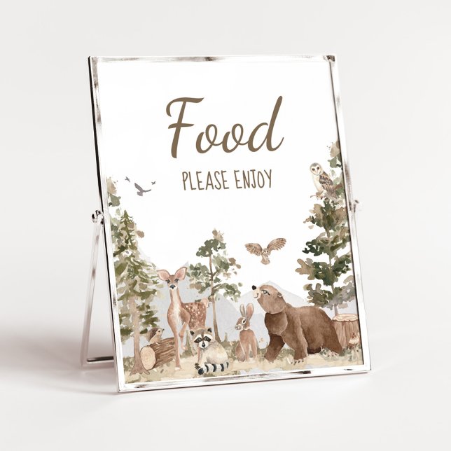 Äventyr väntar på trädsdjur, babyskor poster (Woodland Animals Adventure Awaits Baby Shower Food Sign)