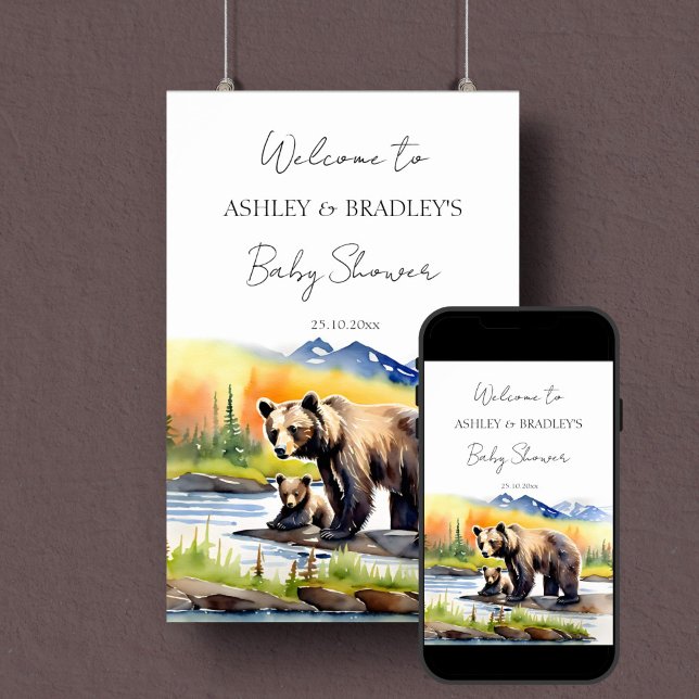 Äventyr väntar på välkomstskylt för babyduschen i  poster (Adventure awaits national parks themed baby shower welcome sign poster digital download bear cub mom)