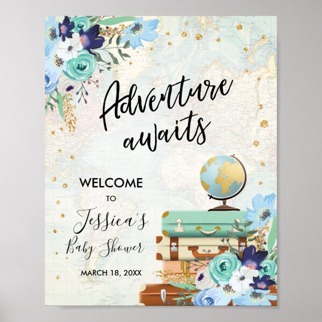 Äventyr väntar på välkomstskylt för babyvisningspr poster (Framsidan)