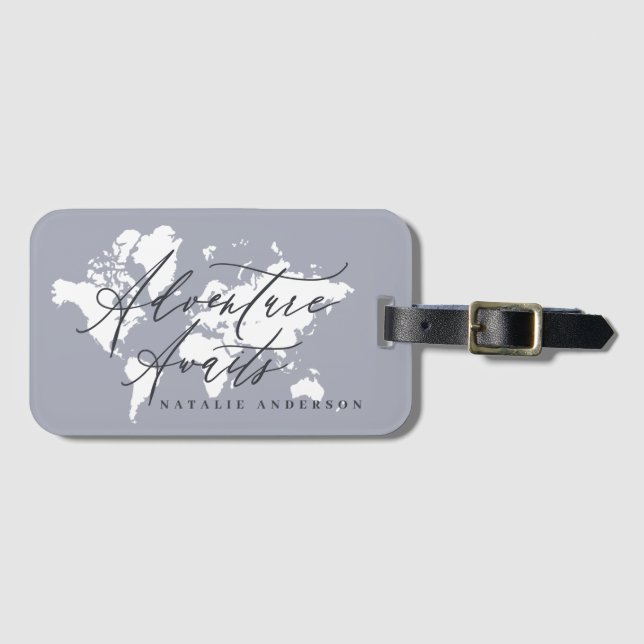 Äventyr väntar på världskartan för blå vattenfärg bagagebricka (Framsida horisontal)