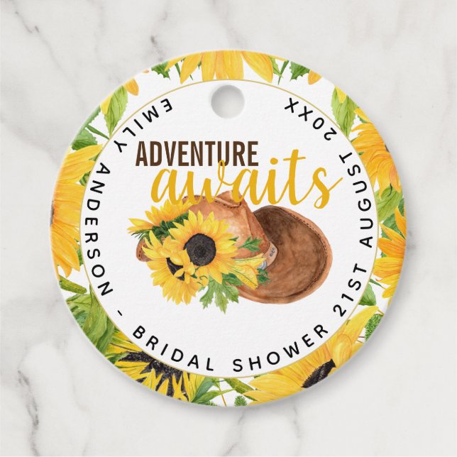 Äventyr Väntar Rustika Solroser Bröllopsdusch Gåvor Etiketter (Framsida)