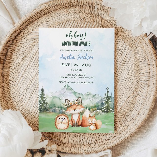 Äventyr väntar Trädgårdsdjur Baby Shower  Inbjudningar (Oh Boy! Adventure Awaits Woodland Animal Baby Shower Invitation)