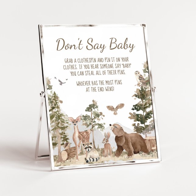 Äventyr väntar trädsdjur Säg inte Baby Poster (Woodland Animals Adventure Awaits Baby Shower Don't Say Baby Sign)