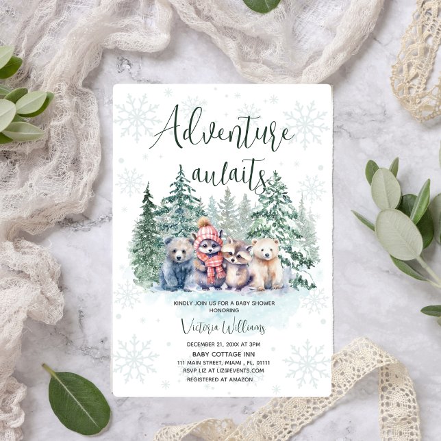 Äventyr Väntar Vinter Skog Djur Baby Shower Inbjudningar (Skapare uppladdad)
