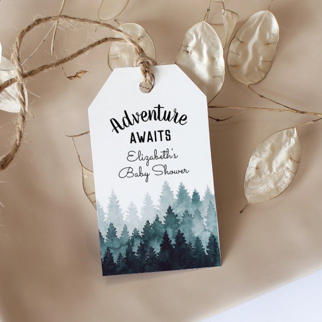Äventyr Watercolor Rustic Forest Baby Shower Presentetikett (Skapare uppladdad)