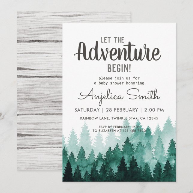 Äventyr Watercolor Rustic Woodland Baby Shower Inbjudningar (Fram/baksida)