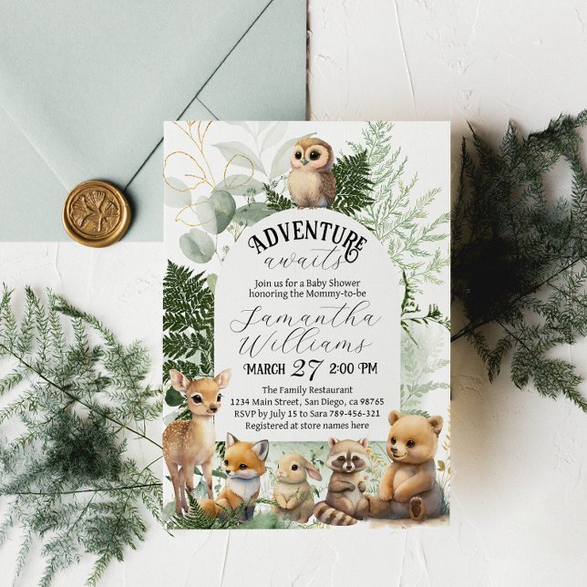 Äventyr Woodland animal Greenery Baby Shower Inbjudningar (Skapare uppladdad)