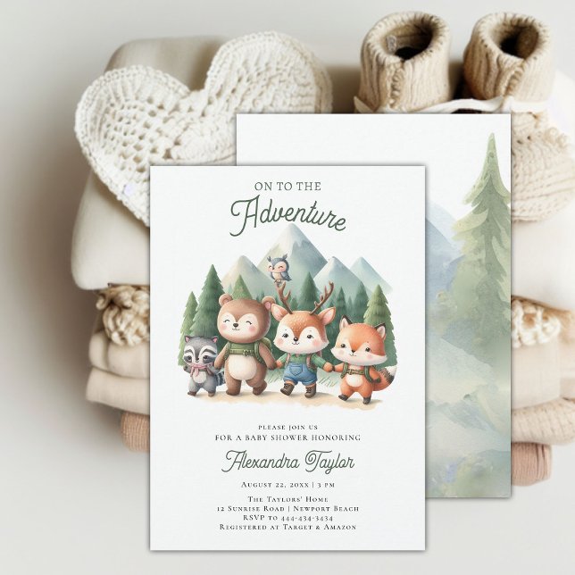 Äventyr Woodland Animals Neutralt Baby Shower Inbjudningar (woodland adventure gender neutral baby shower invitation mountain forest cute animals hiking modern)