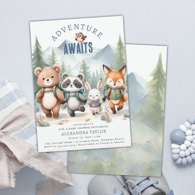 Äventyr Woodland Animals som föder barn i pojkbaby Inbjudningar (woodland boy baby shower invitation adventure mountain forest cute animals hiking watercolor)