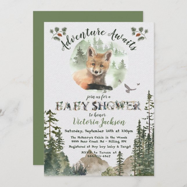 Äventyr Woodland Baby Fox-skogsskuvret för babyklä Inbjudningar (Fram/baksida)