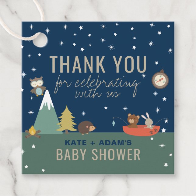 Äventyr Woodland Boy Baby Shower Tack Gåvor Etiketter (Framsida)