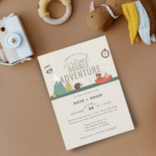 Äventyr Woodland Twin Neutra Virtuell Baby Shower Inbjudningar