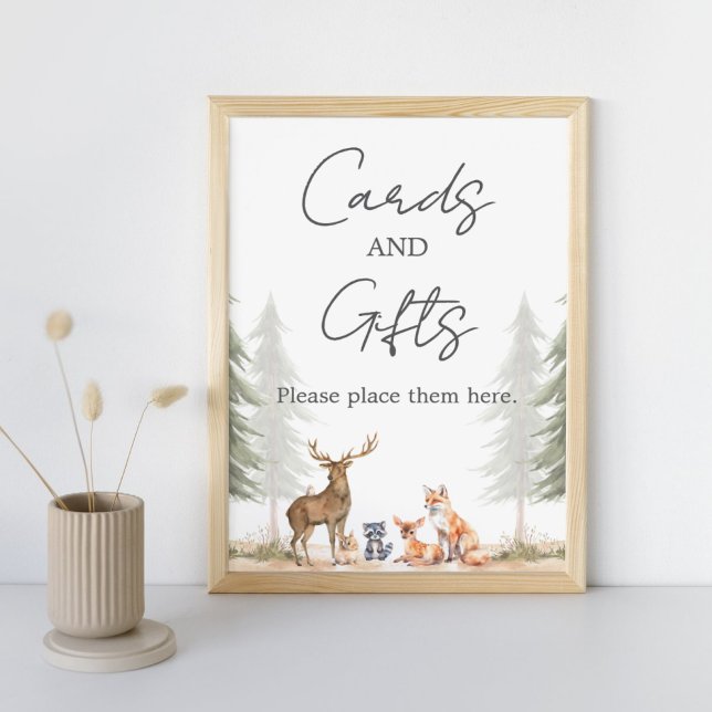 Äventyret Börjar Baby Shower Kort och Present Skyl Poster (Let the Adventure Begin Woodland Baby Shower Cards and Gifts Sign)