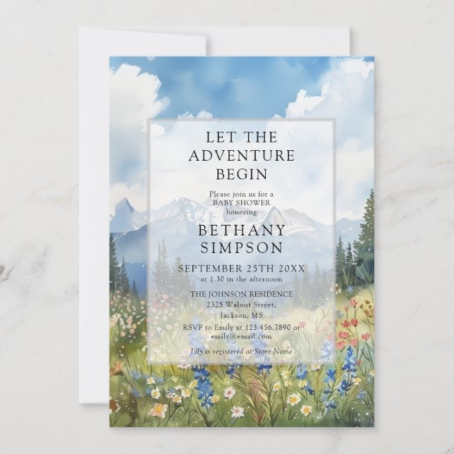 Äventyret Börjar Berg Floral Baby Shower Inbjudningar (Framsida)
