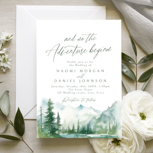 Äventyret Börjar Mountain Rustic Bröllop Inbjudningar (The Adventure Begins Mountain Rustic Wedding Invitation)