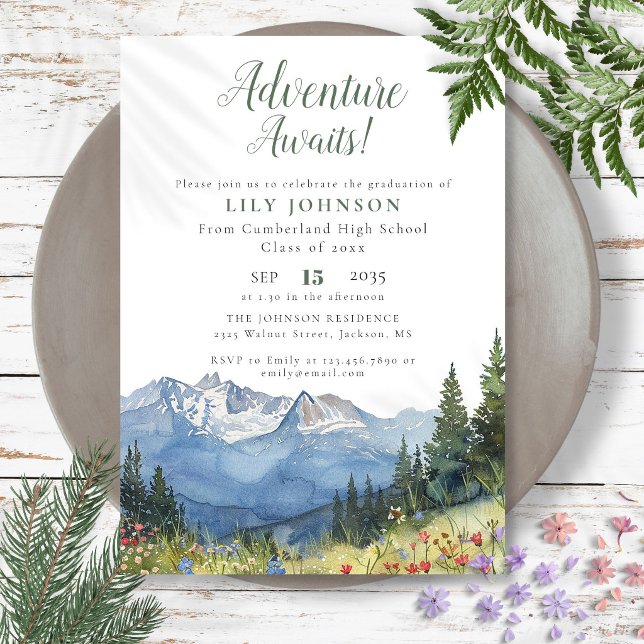 Äventyret Väntar Berg Examen Fest Inbjudningar (Adventure Awaits Mountains Graduation Party Invitation)