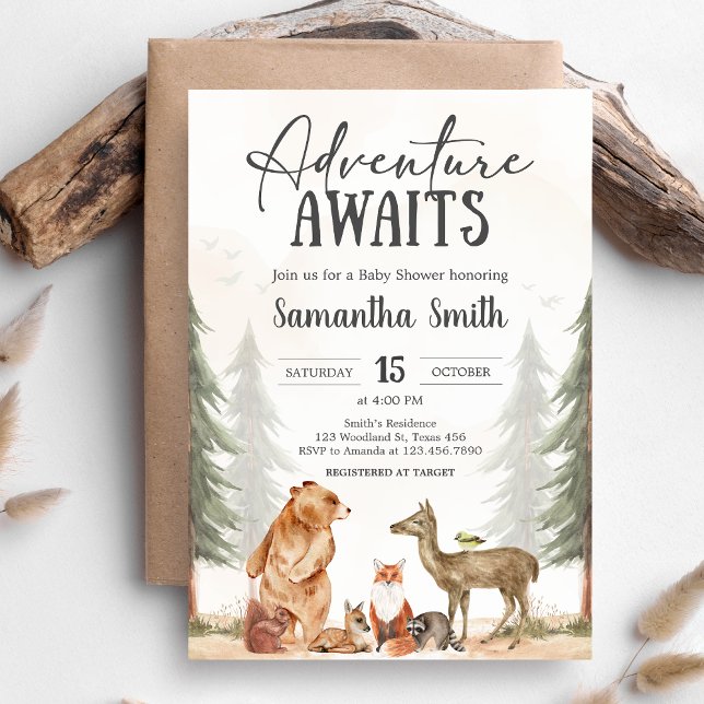 Äventyret Väntar Skogsbarndop Inbjudningar (Woodland Baby Shower Invitation)