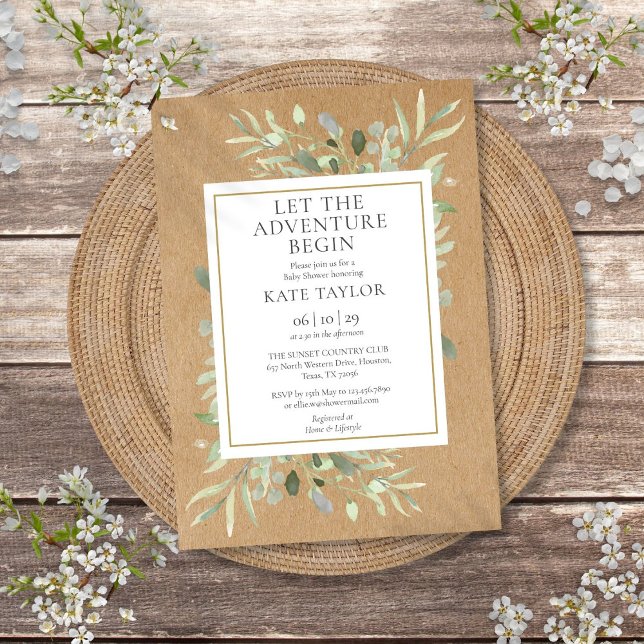 Äventyrlig Rustik Bebis Shower Grönska Inbjudningar (Adventure Rustic Baby Shower Greenery Invitation)