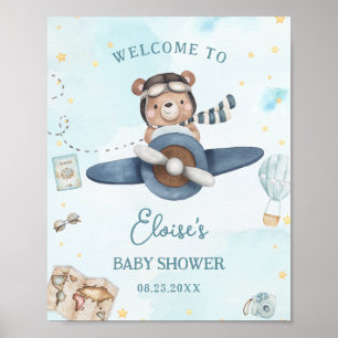 Äventyrlig söt björn blå plan pojke baby shower poster